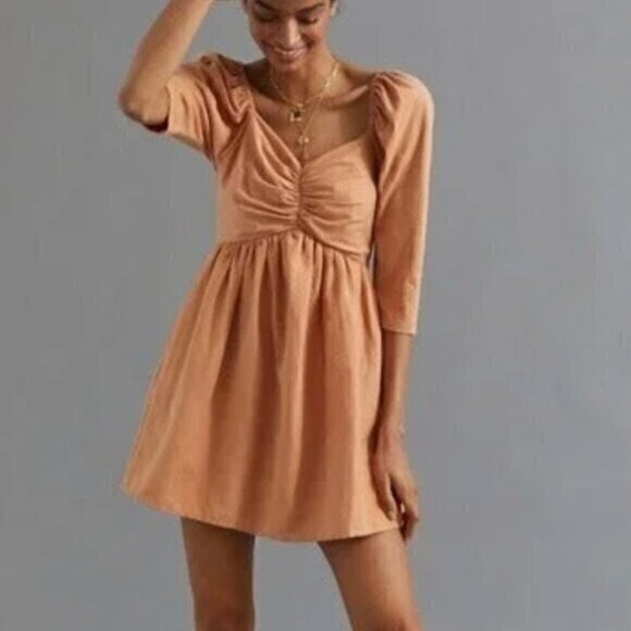 ANTHROPOLOGIE FOREVER THAT GIRL LINEN COTTON MINI DRESS WITH PUFF SLEEVES